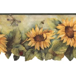 Patton BG71362DC Dark Green Yellow Sunflower & Insect Wallpaper Border> Damask, Trellis & Geometrics