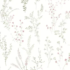 York FH4028 Pink/Green/Gray Wildflower Sprigs Wallpaper Discount
