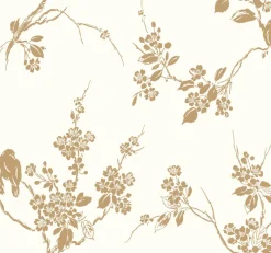 York SS2590 Metallic Gold White Imperial Blossoms Branch Wallpaper> Animals & Insects