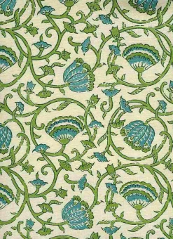 Laura Kiran Tulipvine Handprint Natural Teal Jade Fabric Best